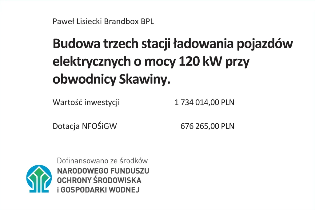 Ładowarka samochodów elektrycznych Skawina - Ładowarka EV - dofinansowanie NFOŚIGW